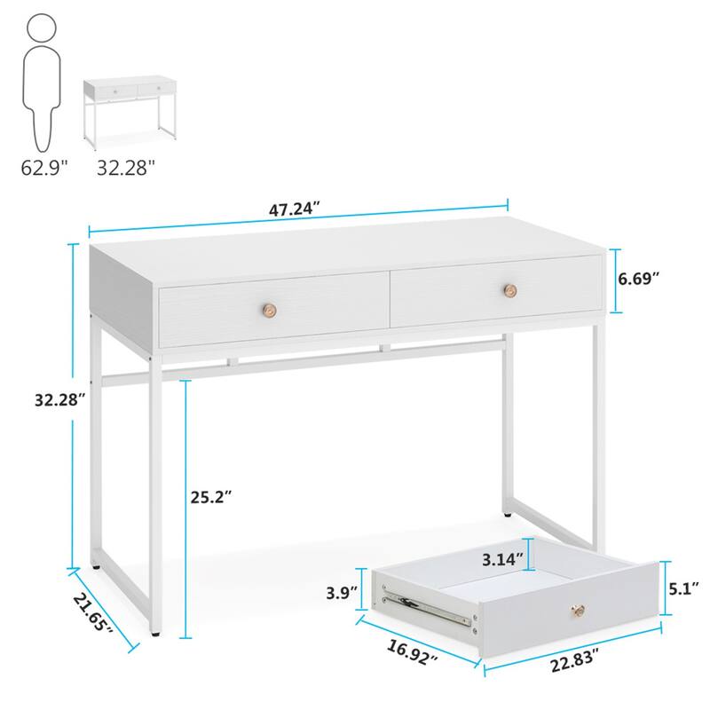 47 inch Home Office Desk Study Writing Table with 2 Storage Drawers