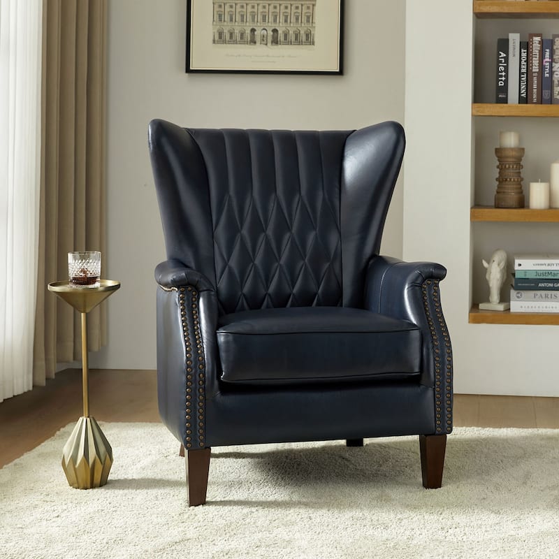 Xaver Traditional Genuine Leather Armchair With Solid Wood Legs by HULALA HOME - Navy
