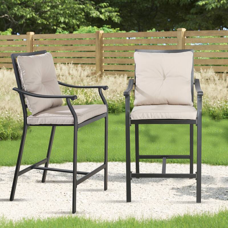 Patio Height Bar Chairs Outdoor Dining Chair with Beige Cushion - Beige 2