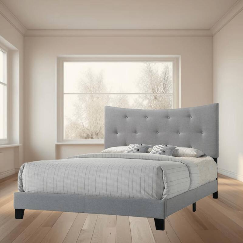 Fabric Queen Bed with Elegant Arched Headboard, Button Tufted, Low Profile Footboard, Rubberwood Legs, Box Spring Required - Grey - Queen