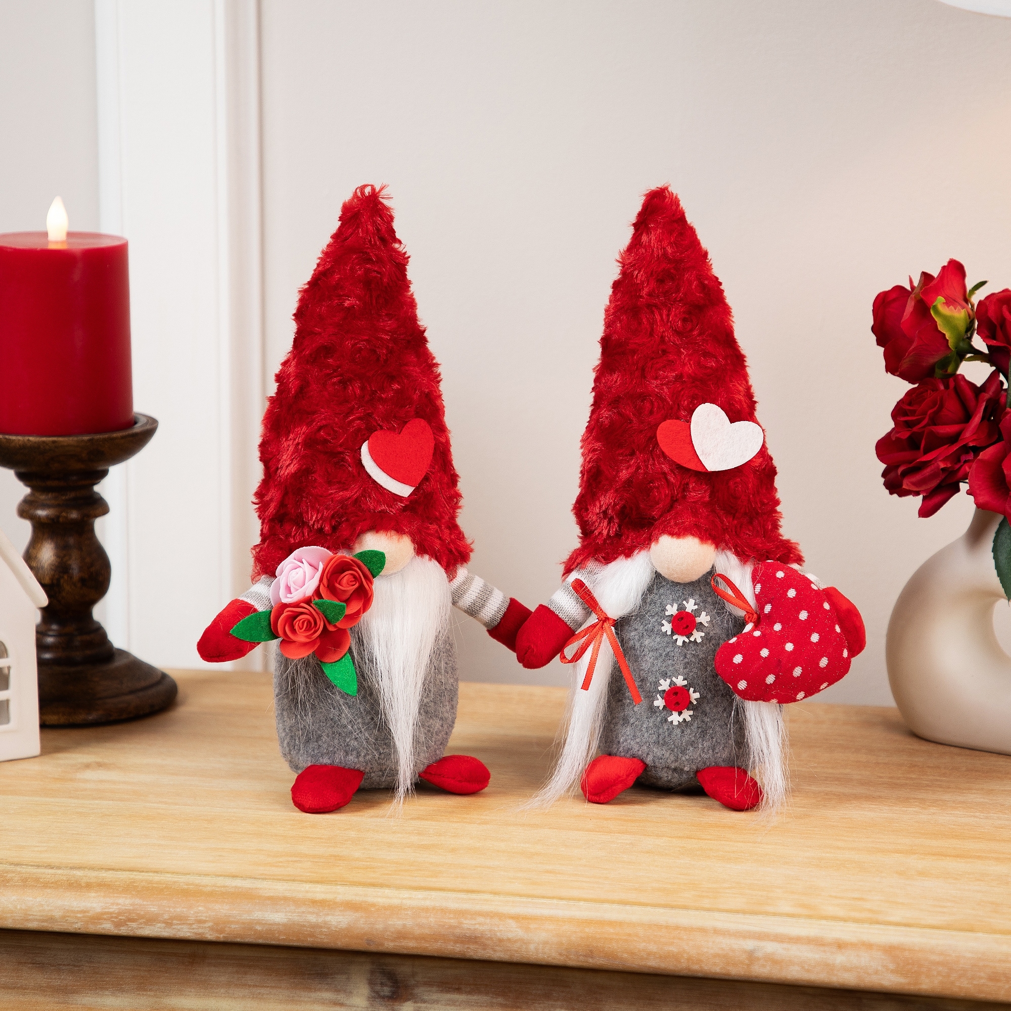 Fuzzy Hat Valentine's Day Gnomes - 11.5" - Red and Gray - Set of 2
