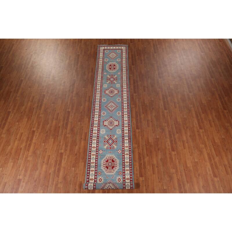 Light Blue Kazak Oriental Runner Rug Handmade Wool Carpet - 2'10" x 15'0"