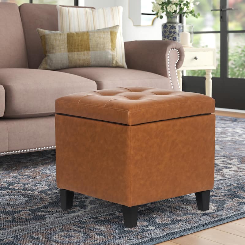Adeco Bonded Leather Square Storage Ottoman - DarkOrange