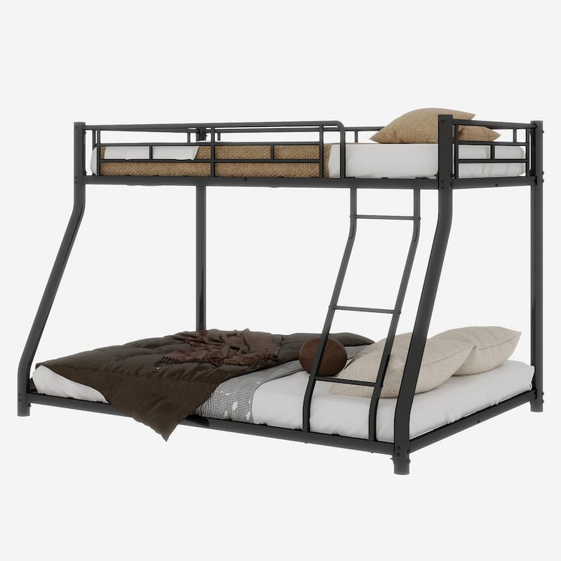 Twin Over Full Metal Bunk Bed, Heavy Duty Metal Bunk Bed Frame, with Ladder & Full-Length Guardrail, Noise Free