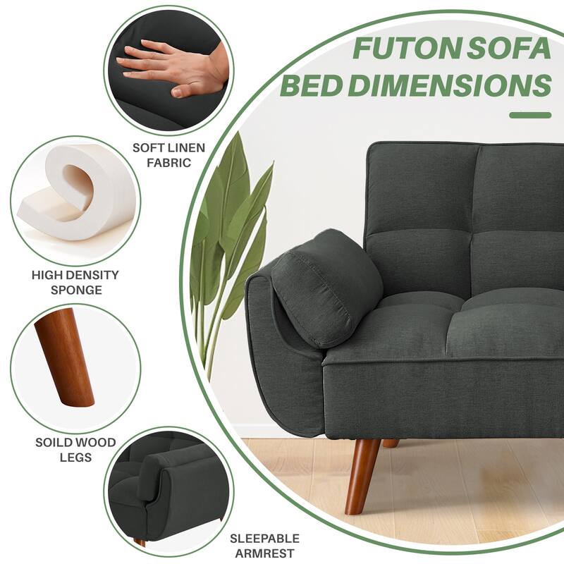 75.39" Futon Sofa Bed, Convertible Folding Futon Couch Recliner Lounge For Living Room With 2 Pillow/Armrest