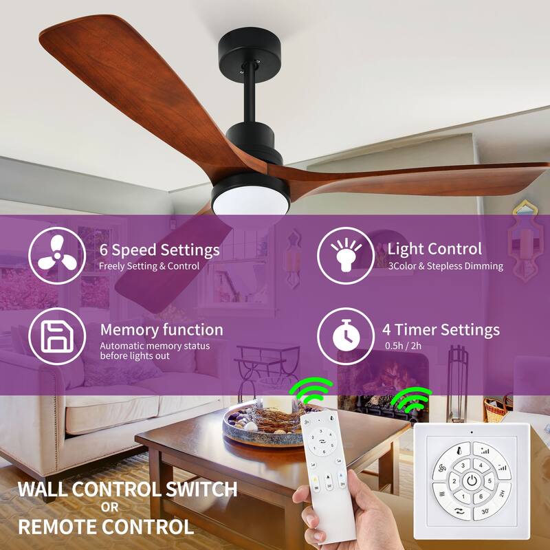 52" Ceiling Fan with Lights and Wall Switch Remote Wood Blades