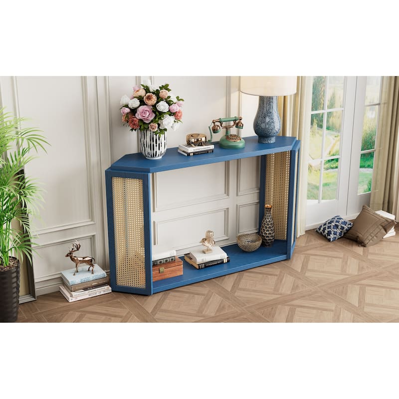 Narrow Console Table with Unique Irregular Top Design - Antique Blue