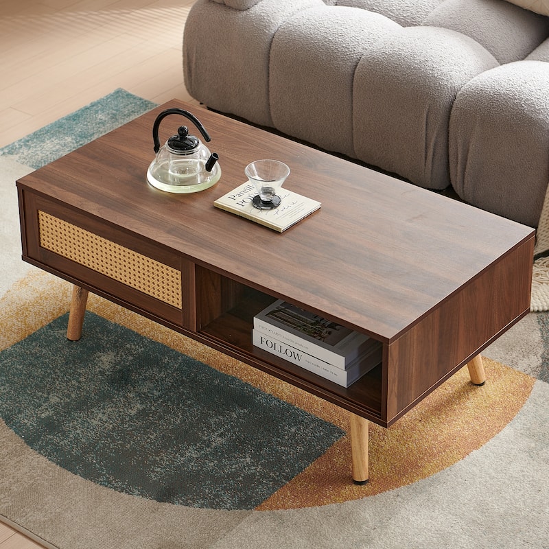 Anmytek Rattan Coffee Table with Storage Modern Walnut Living Room Centerpiece Organizer