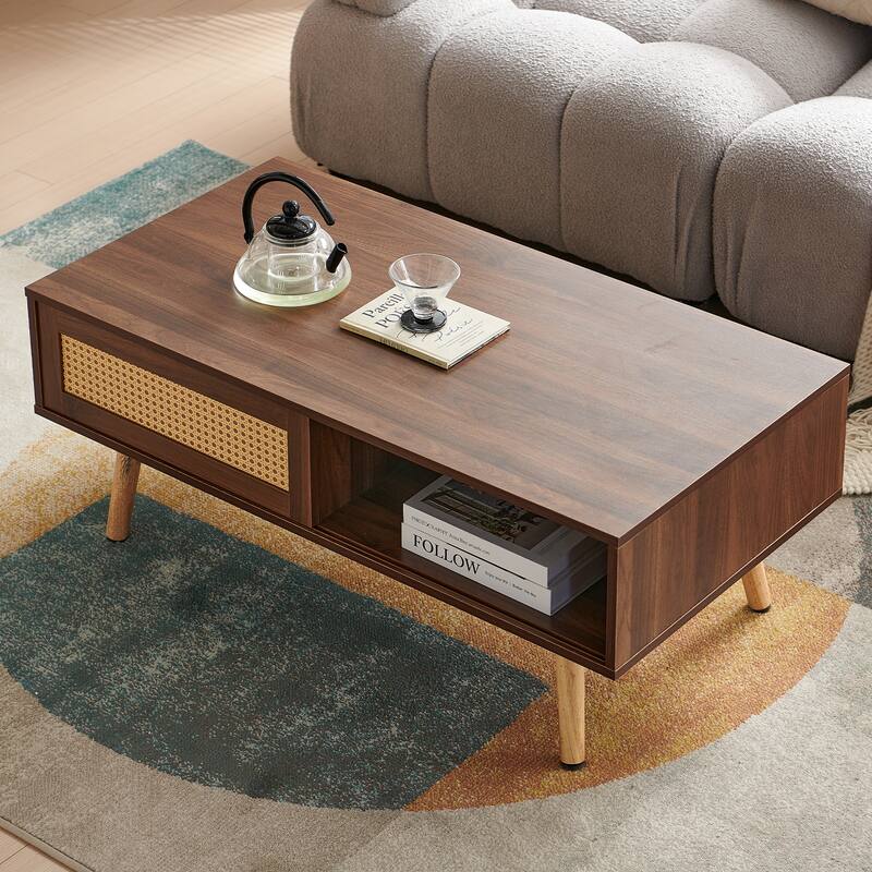 Rectangle Coffee Table with Solid Wood Legs, Sliding Drawer for Storage, Modern Table for Living Room