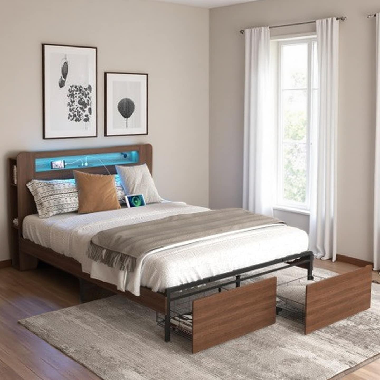 Queen Size Farmhouse Platform Bed with LED Headboard, Built-In Bookcase, 2 Under-Bed Storage Drawers, USB & AC Charging Ports