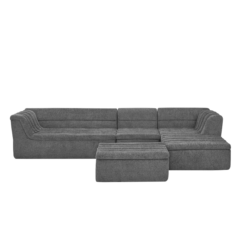 Roomfitters U-Shaped Modular Sectional Sofa with Chaise and Movable Ottoman, Chenille Upholstery and Wave-Shaped Armrest