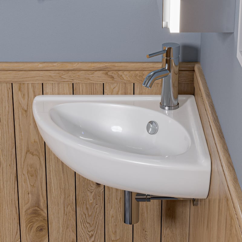 White 22" Corner Wall Mounted Ceramic Sink with Faucet Hole