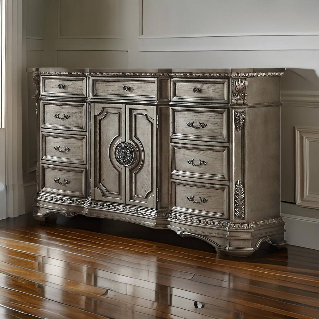 Traditional Dresser with 2 Door Storage and Molded Details, Antique Silver