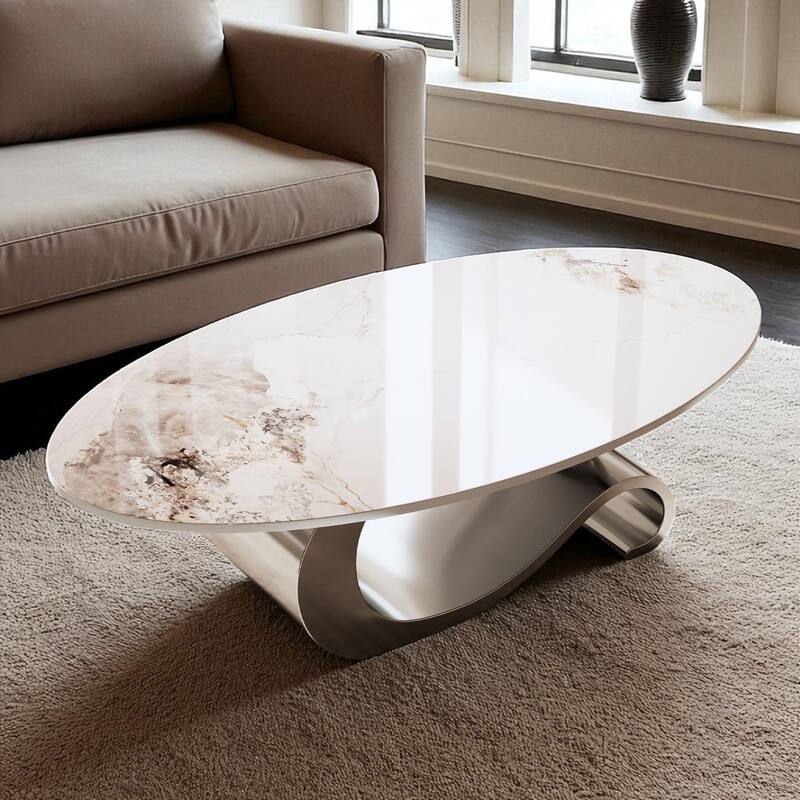 49.2" Oval Faux Marble Coffee Table with Stainless Steel Base, Modern Contemporary Center Accent Table - Grey White