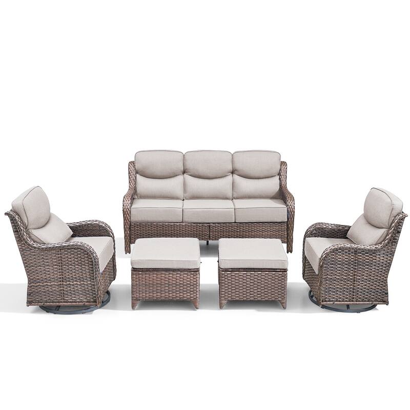 Arcadia 5-Piece Wicker Patio Conversation Set with Swivel Gliders and 6-Inch Thick Olefin Cushions