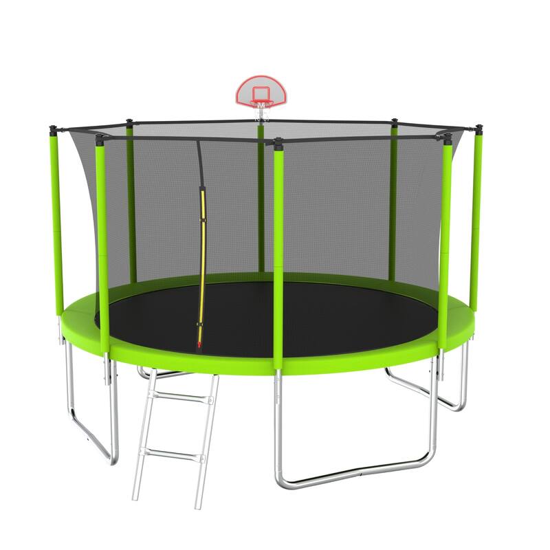 Outdoor Kids Trampoline with Basketball Hoop and Ladder, with Safety Enclosure for Backyard Fun