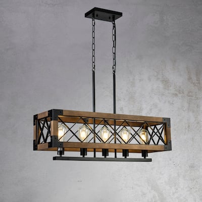 5-Light Farmhouse Matte Black Square Cage Chandelier for Kitchen Island with Solid Wood Accent - Matte Black