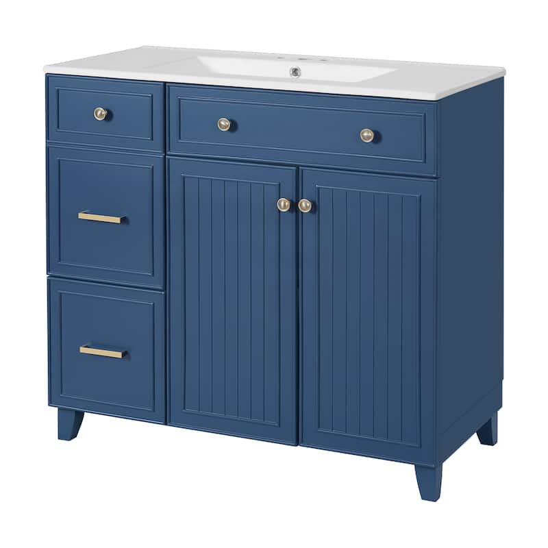 36" Bathroom Vanity with Ceramic Sink, Standard and Double-Layer Drawers, Soft Close Doors, Adjustable Shelves