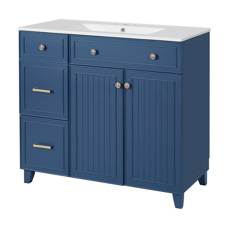 Bathroom Vanity Storage Cabinet with Standard and Double-Layer Drawers, Groove Design Soft Close Doors and Adjustable Shelf