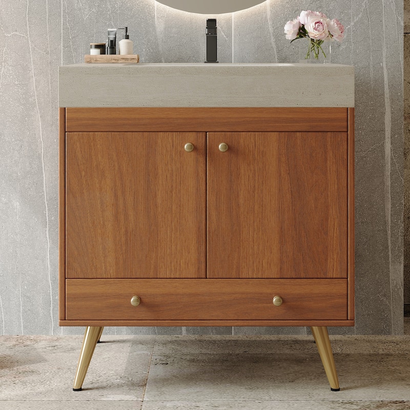 Free-standing Bathroom Vanity with Faux Marble Top & Ceramic Sink, 30" Double Door Storage Cabinet, Waterproof Engineered Wood