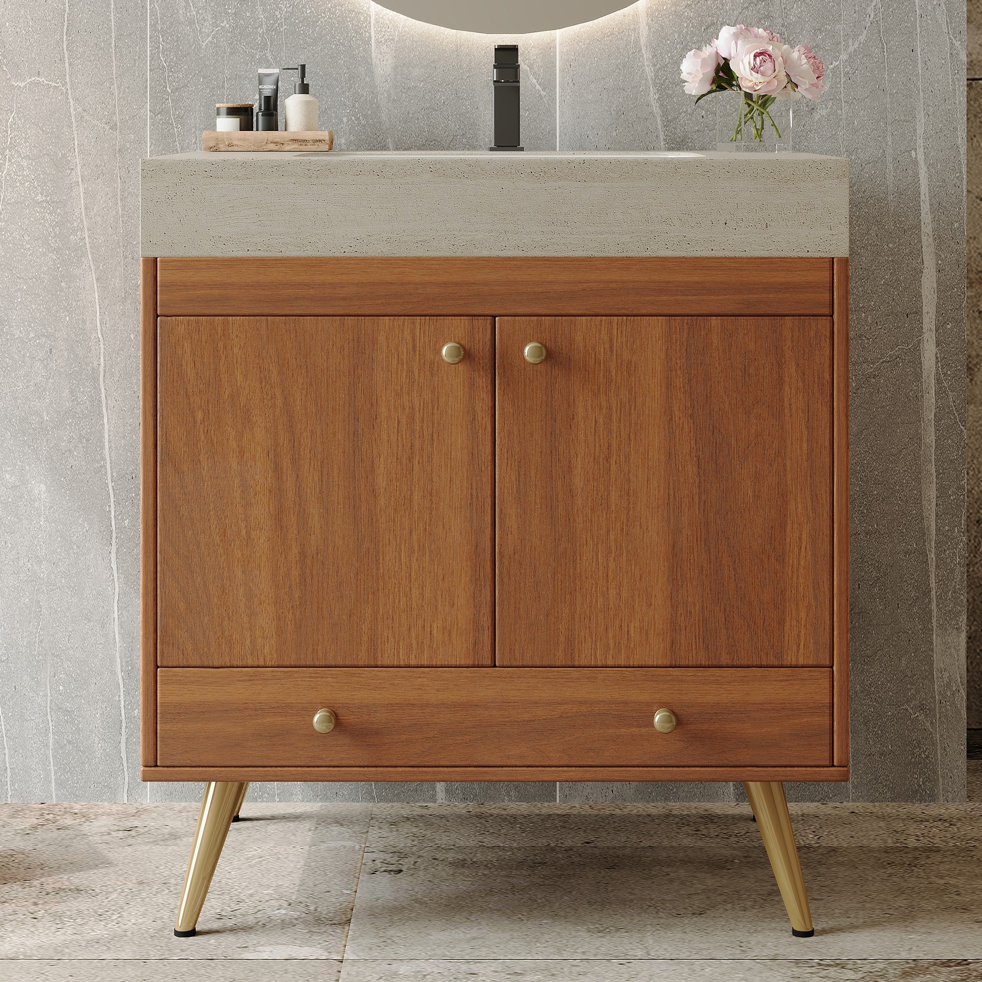 Mid-Century 30" Freestanding Bathroom Vanity with Faux Marble Top, Ceramic Sink & Gold Legs Cabinet