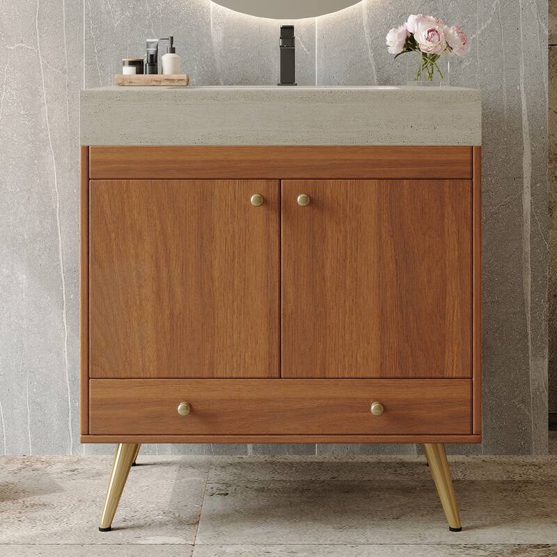 Mid-Century 30" Freestanding Bathroom Vanity with Faux Marble Top, Ceramic Sink & Gold Legs Cabinet - Stone Gray+Walnut