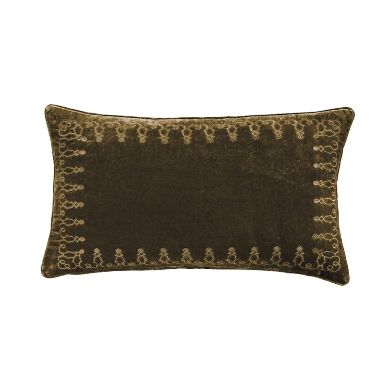 HiEnd Accents Stella Faux Silk Velvet Romantic Western Embroidered Decorative Throw Lumbar Pillow, 14"x24" - Green Ochre
