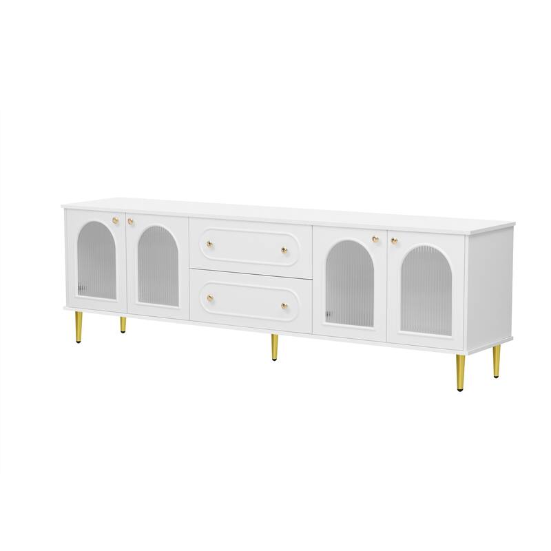 Roomfitters Modern TV Stand for up to 80 Inch TV, Media Console with Fluted Glass Doors, Drawers and Metal Legs, White