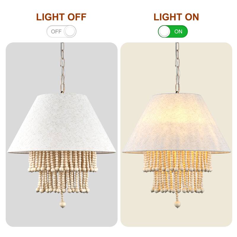 CurveCurio 24" Bo-Ho Style Modern Chandelier with Soild Wood Beads Accent and Beige Fabic Light Shade - 3 Lights