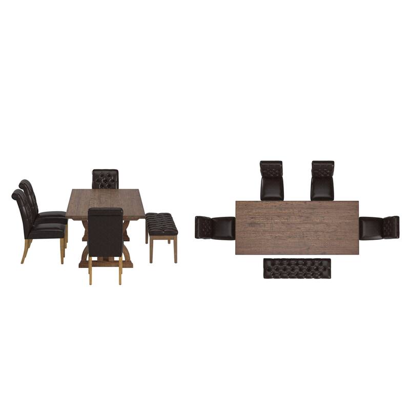 Bratislava Reclaimed Wood Table with Rolled Top Tufted Chairs Dining Set