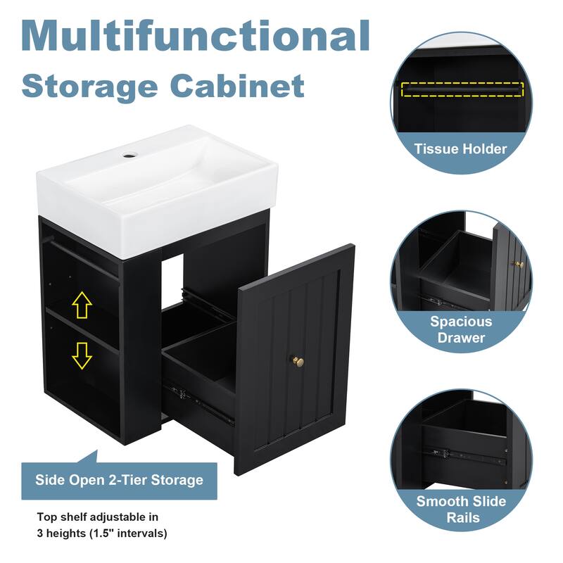 20" Bathroom Vanity with Ceramic Sink - Soft Close Door, Drawer & Side Shelf, Space-Saving MDF Cabinet for Small Bathrooms