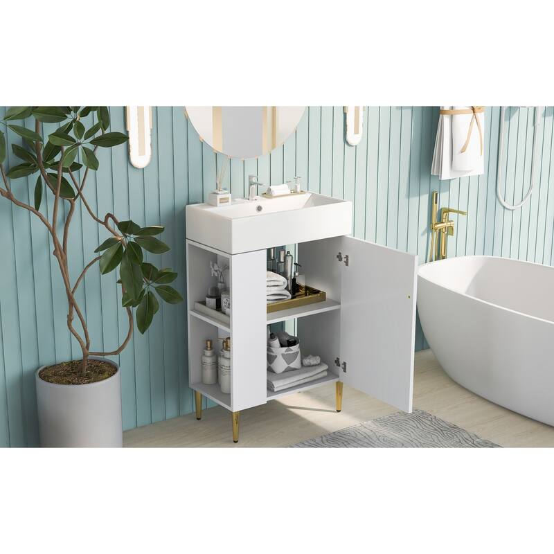 Small Bathroom Vanity with Sink, Bathroom Cabinet with Soft Closing Door, Bathroom Storage Cabinet with Open Storage Shelf