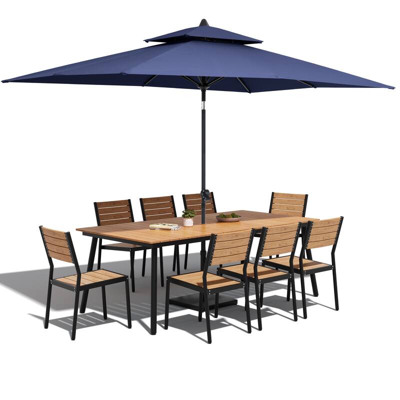 11-Piece Patio Dining Set Aluminum Table and 8 Stackable Chairs w/10 ft Umbrella and Base Stand