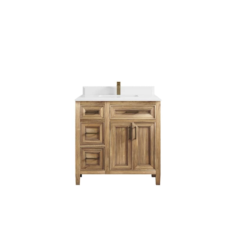 Willow Collections 36 in. W x 22 in. D Santa Monica Teak Bathroom Vanity Center with Countertop - 1.5" White Quartz - Whitewashed Teak