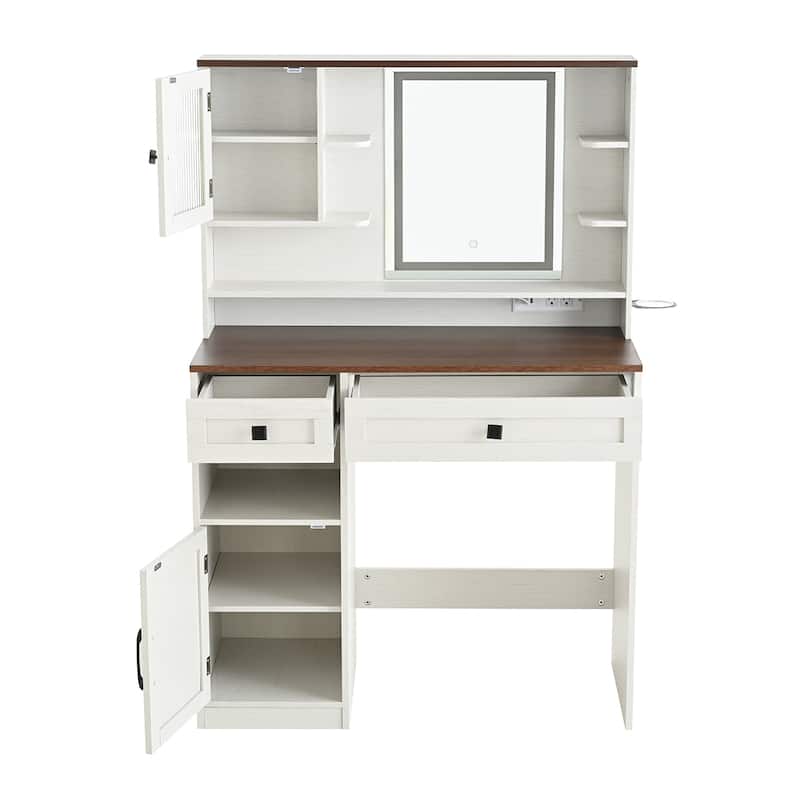 Rustic Makeup Vanity Desk with 3 Color Adjustable Touch Control Mirror, Built-in Power Outlets Dressing Table Set with Stool