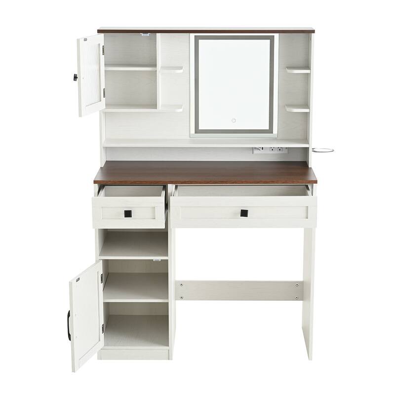 Vanity Desk with Touch Control Light Mirror, Dressing Table Set with Charging Station & Stool, Large Makeup Vanity Table