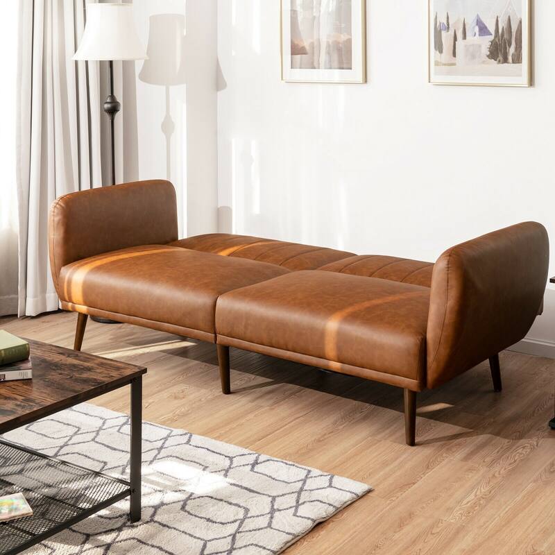 Convertible Futon Sofa Bed PU Leather Adjustable Couch Sleeper with Wood Legs - 81'' x 33.5'' x 31.5'' (L x W x H)