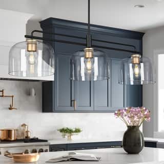 Modern Black Gold Pendant Clear Glass Kitchen Island Light Bowl-Shape Shade for Dining Room
