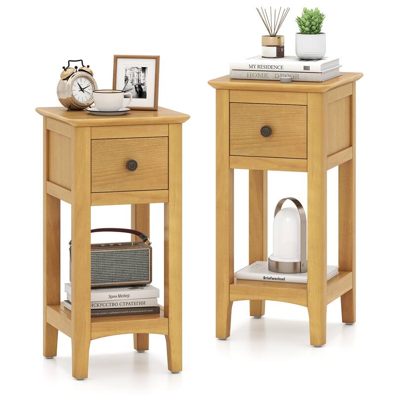 Gymax 2PCS Nightstand 3-Tier Bedside Table w/ Open Storage Shelf & - Natural