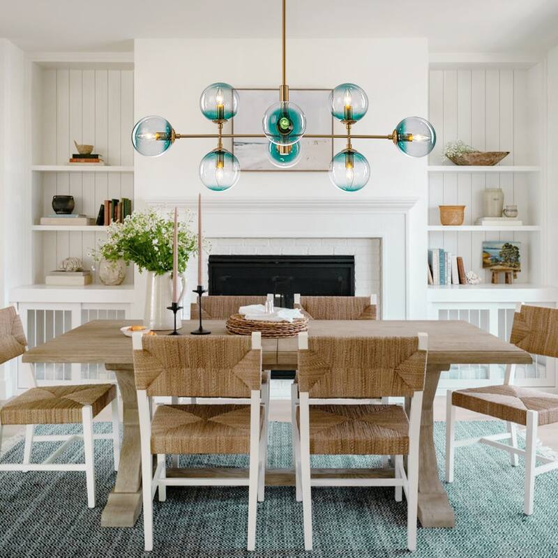 Modern 8-Light Gradient Blue Glass Bubble Linear Sputnik Chandelier