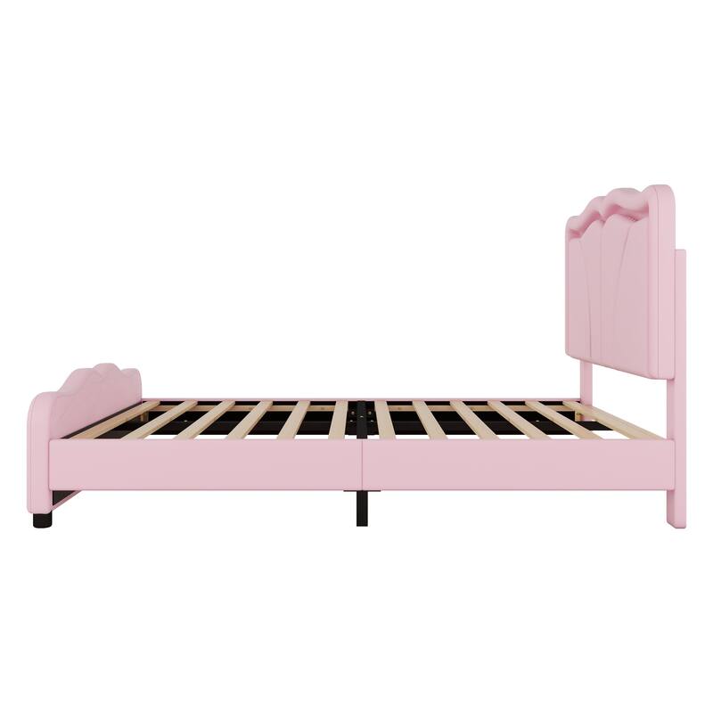 Roomfitters Twin/Full Size Upholstered Platform Bed with LED Light Headboard and Footboard, Wave Shaped Padded Frame, Pink