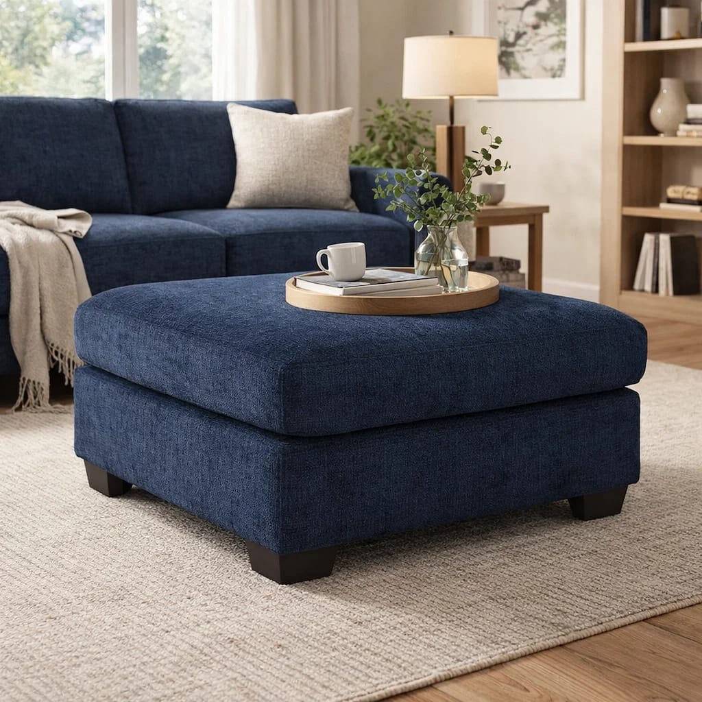 Avie Oversized Ottoman, Faux Wood Details, Navy Blue Polyester 38 Inch