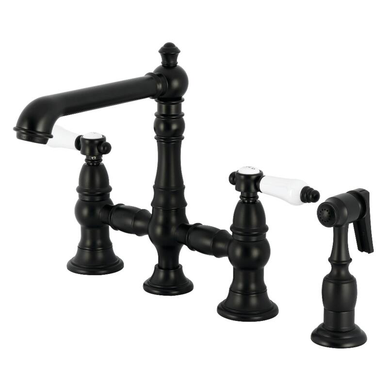 Kingston Brass Bel-Air Two-Handle 4-Hole Deck Mount Bridge Kitchen Faucet with Brass Side Sprayer - Matte Black