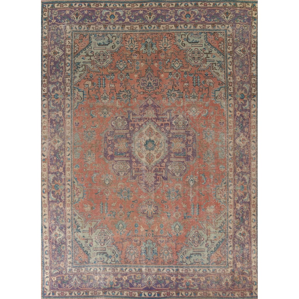 Distressed Tabriz Persian Vintage Rug Handmade Medallion Wool Carpet - 7'11"x 10'9"