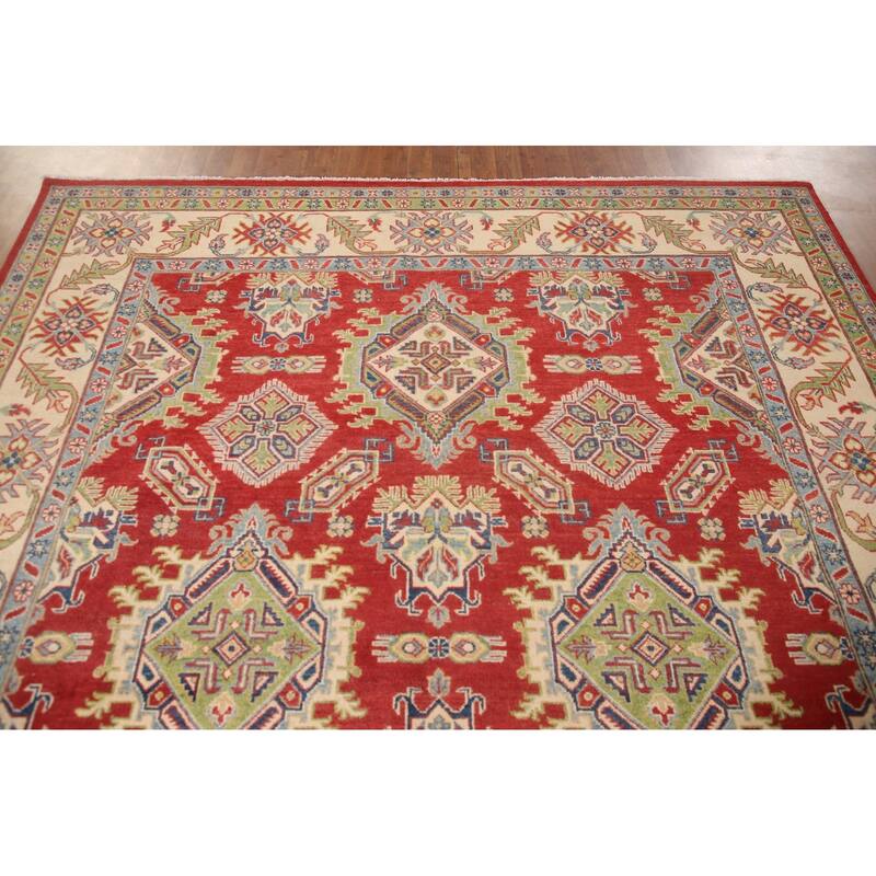 Red Geometric Kazak Area Rug Handmade Wool Carpet - 7'11" x 9'11"