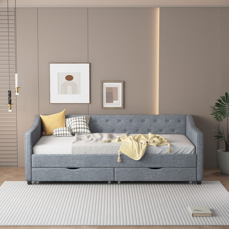 Twin Size Upholstered Daybed with Drawers For Bedroom