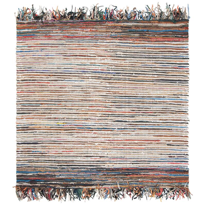 SAFAVIEH Handmade Vintage Boho Leather Zhanna Modern Stripe Leather Rug with Fringe - 6' Square - Multi