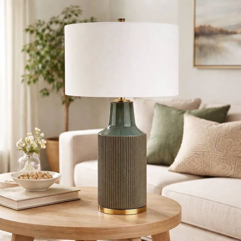 Table Lamp, White Linen Shade, Ribbed Ceramic Base, Blue Green 27 Inch
