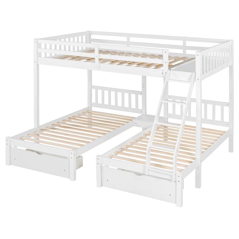 White Wood Triple Bunk Bed with Drawers, Full Over Twin & Twin, Guardrails Included