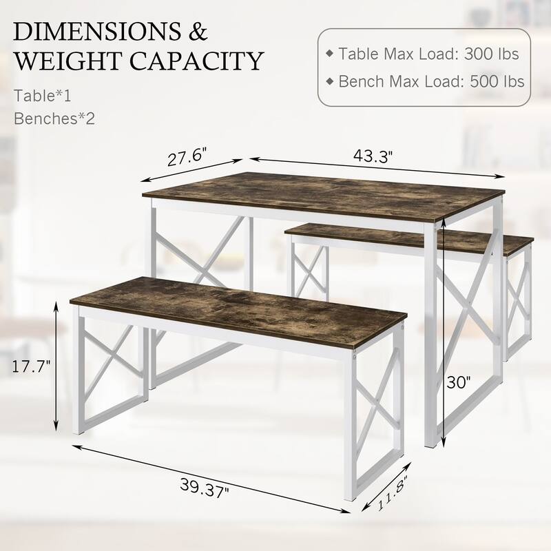 44.3" Dining Table with Benches Kitchen Table set for 4 Rectangular Dining Room Table Set with 2 Metal Wood Benches